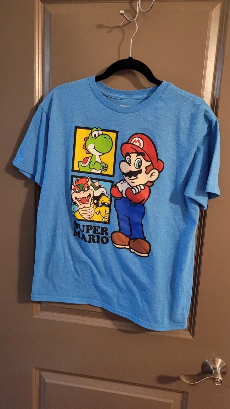 Nintendo Super Mario Graphic T Shirt Bowser Yoshi Blue Youth Kids Boys Size XL